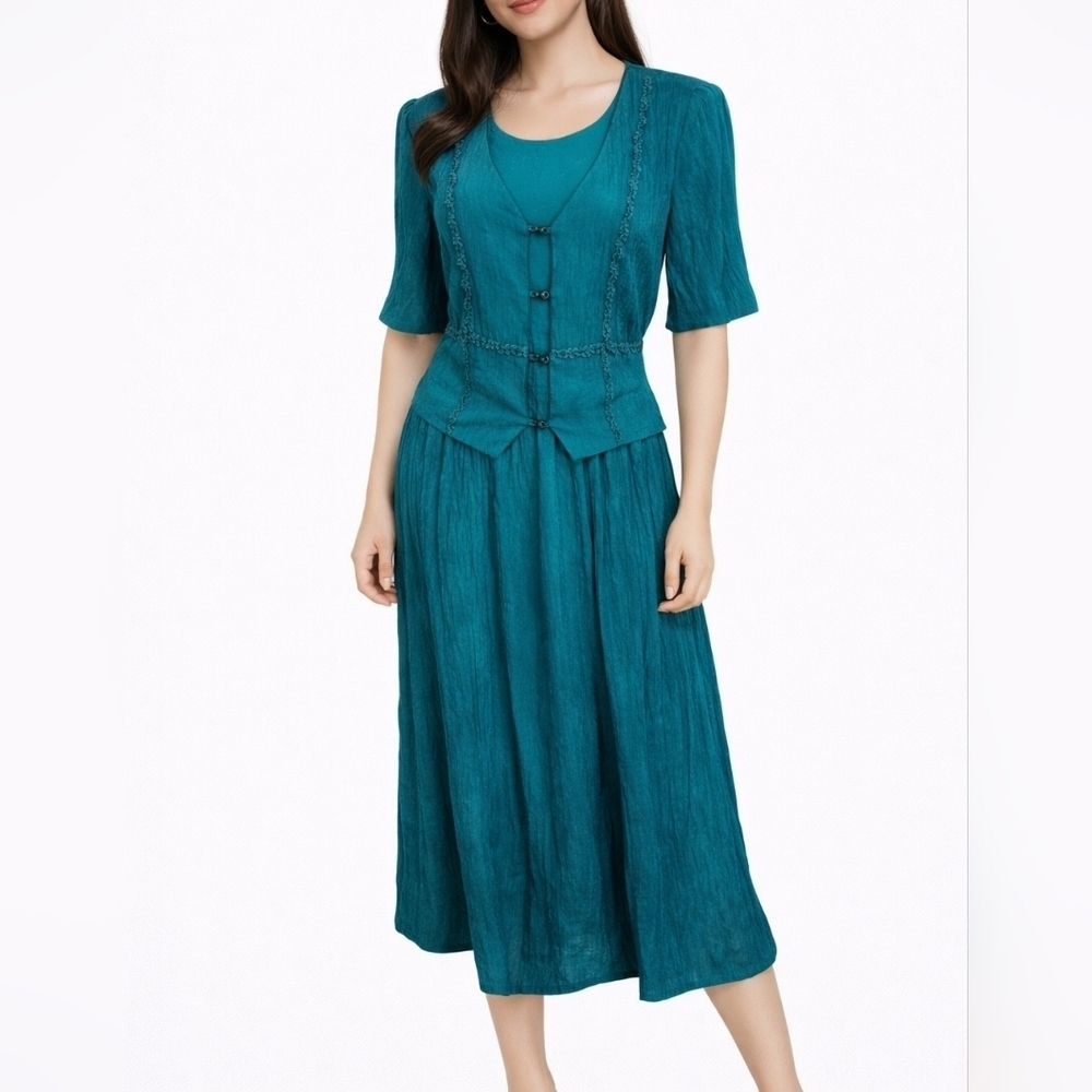 VTG LADY DORBY 1980s Teal Tie Back Broomstick 2Fer Land Girl Power Dress